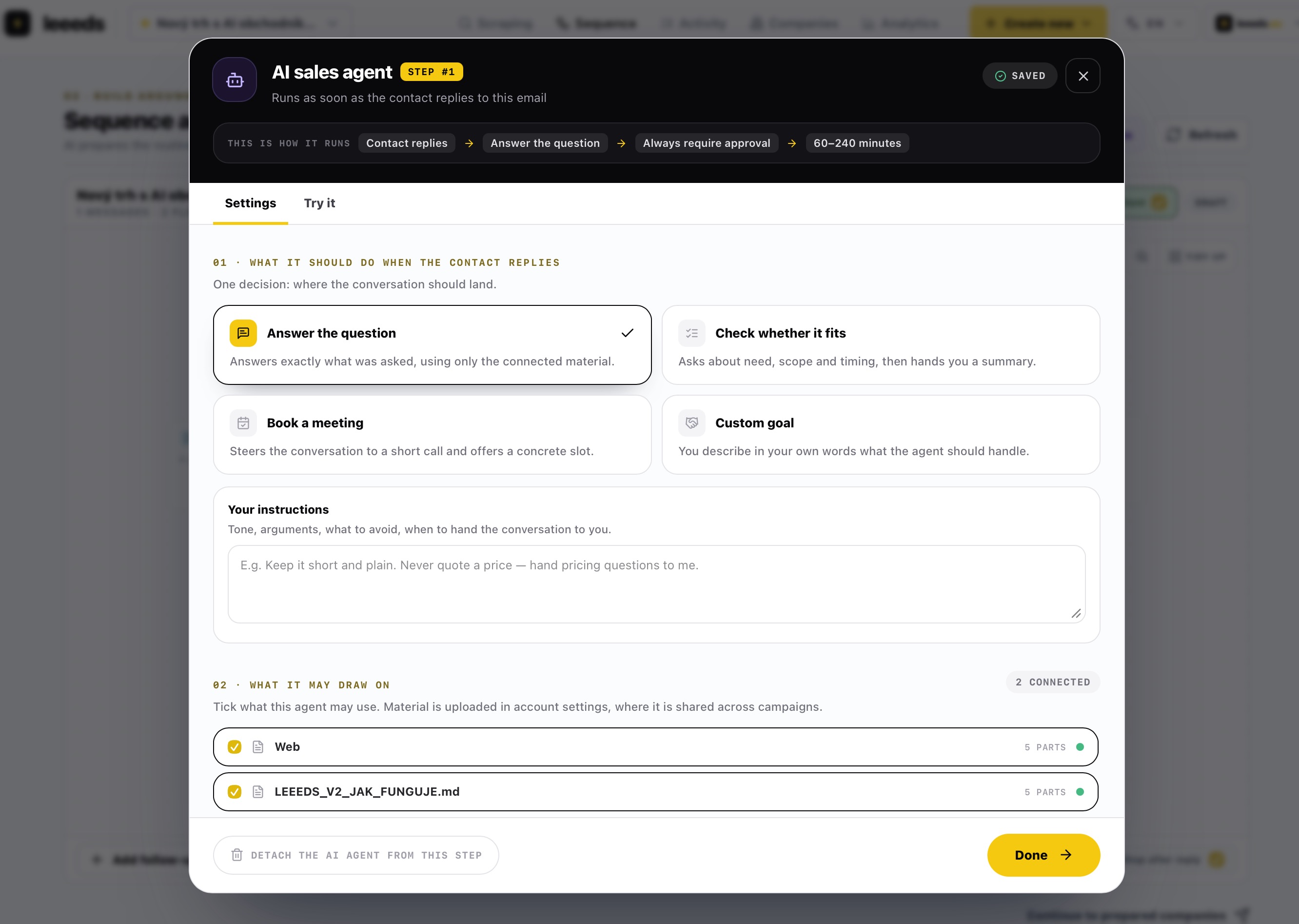 The Leeeds AI sales agent dialog with the THIS IS HOW IT RUNS strip, four goals and connected knowledge material