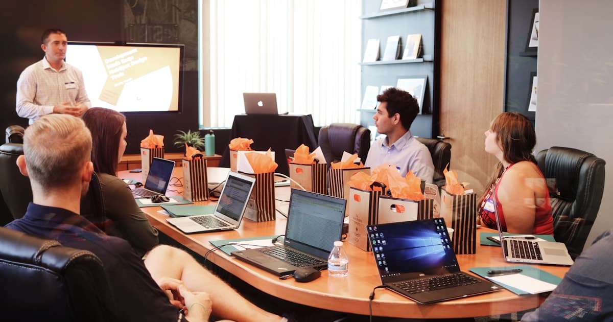 Realistic photo of a happy client team reviewing business documents